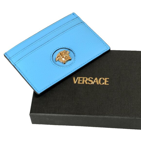 Versace Blue 100% Leather Gold Medusa Card Case Holder - Picture 1 of 3